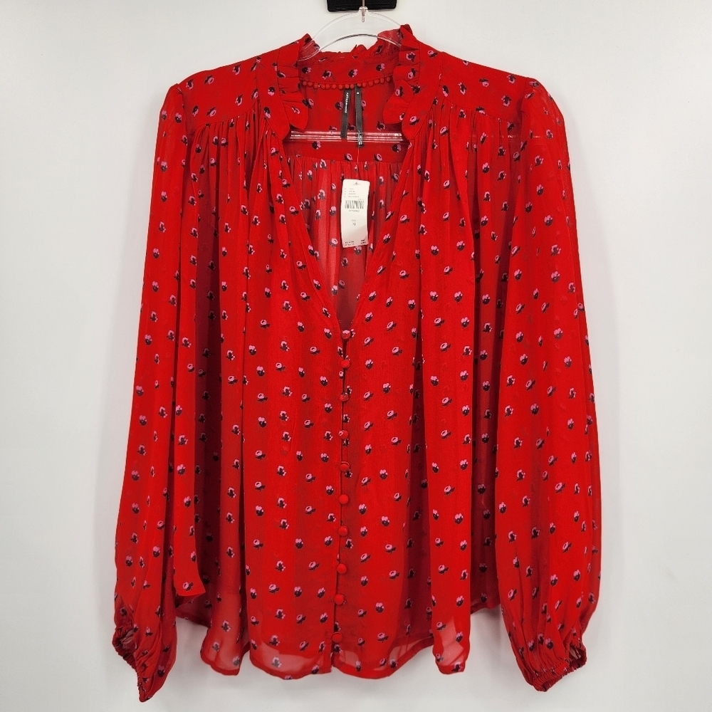 Anthropologie Estela Sheer Printed Blouse Womens Size Medium Red V Neck Peasant